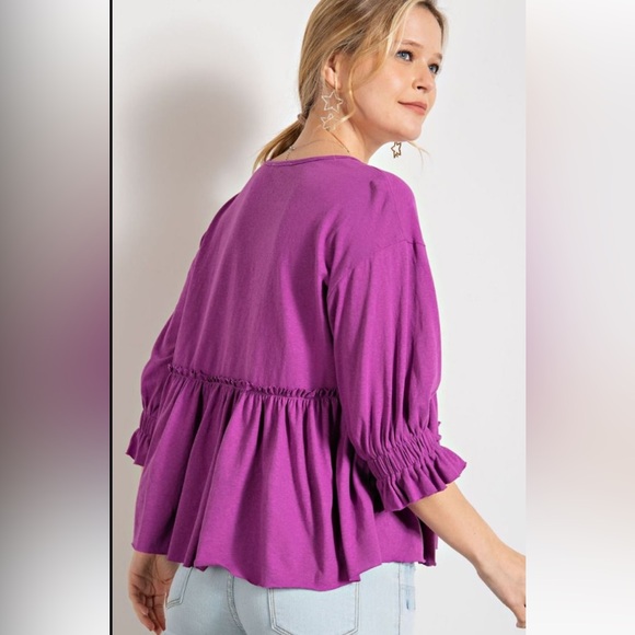 Easel Purple Ruffle V-Neck Top - Picture 3 of 3